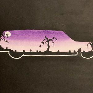 Original Art Wall Decor Spooky Hearse Unframed Watercolor & Acrylic 9x12